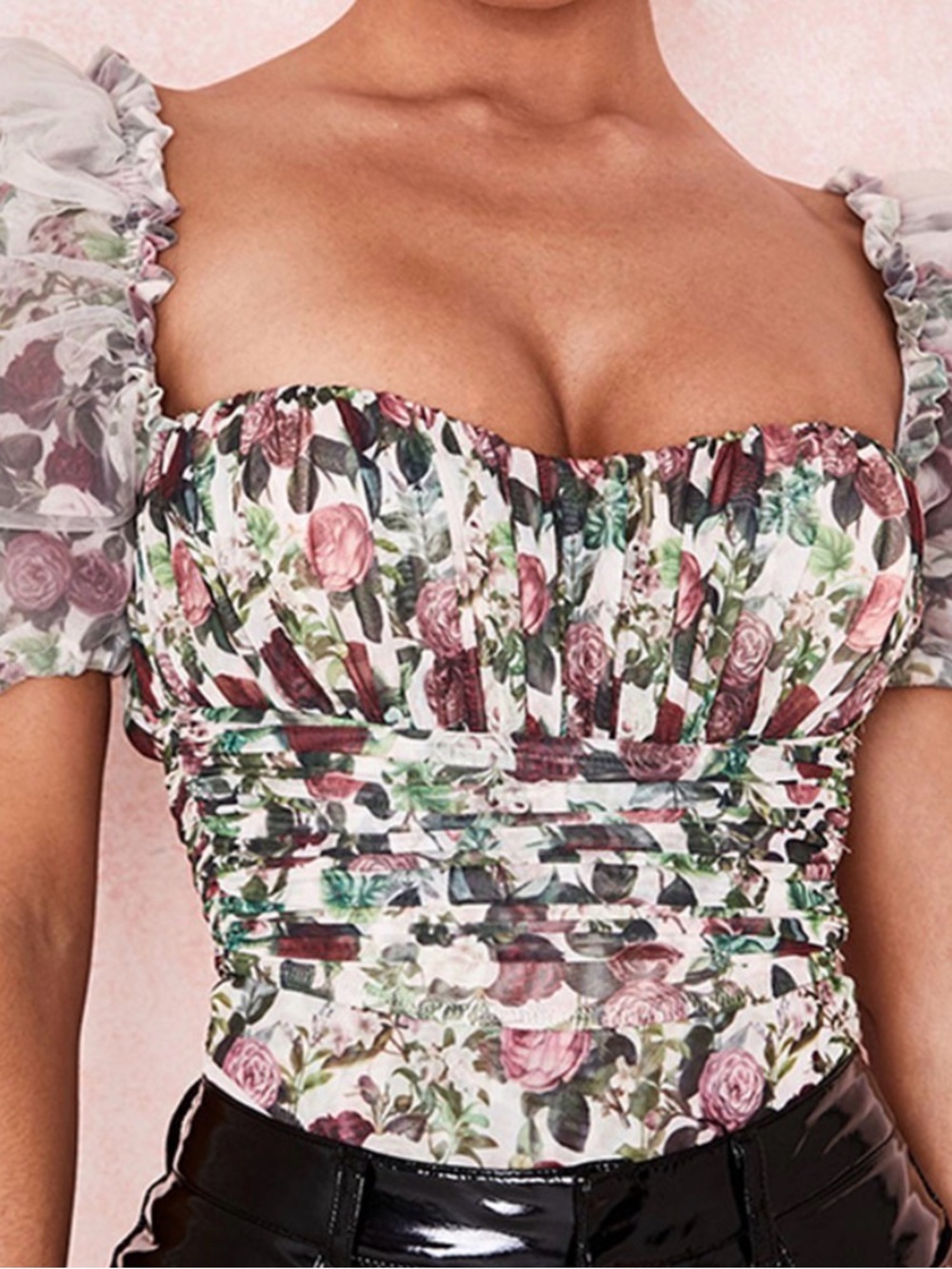 House of CB Nina Vintage Floral Gathered Mesh Bodysuit M